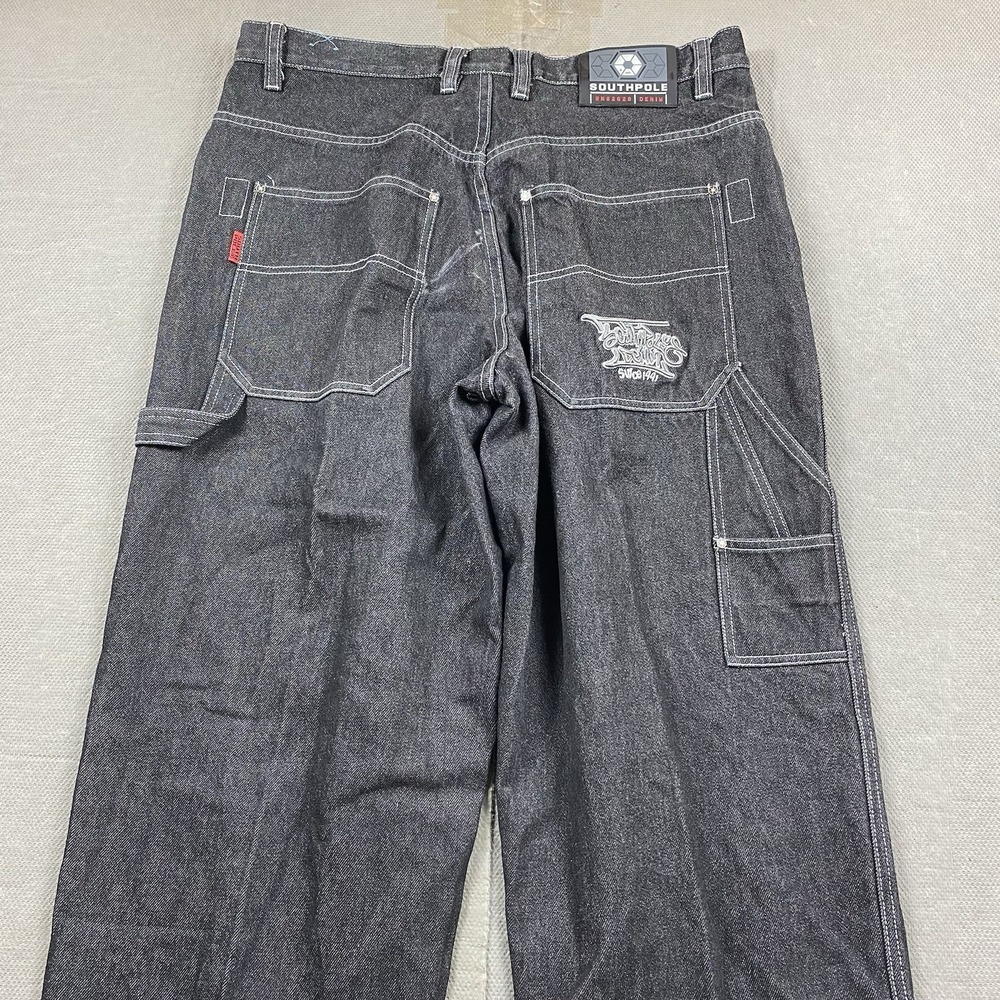 Vintage Southpole Jeans Mens 36x29 Black Carpenter Baggy Wide Skater Embroidered - Picture 7 of 14
